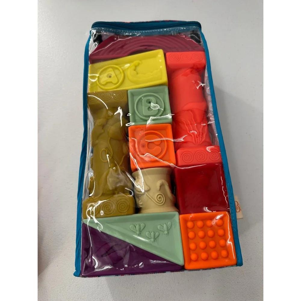 B Baby Soft Squeeze Blocks Building Toy Set Animals Letters Shapes Nursery Bag